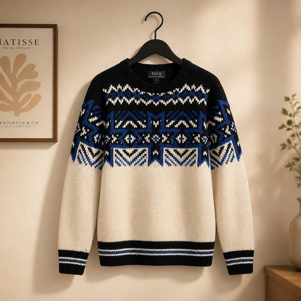 Polo Ralph Lauren Fair Isle Nordic Knit Cotton Wool Pullover Sweater Black Blue